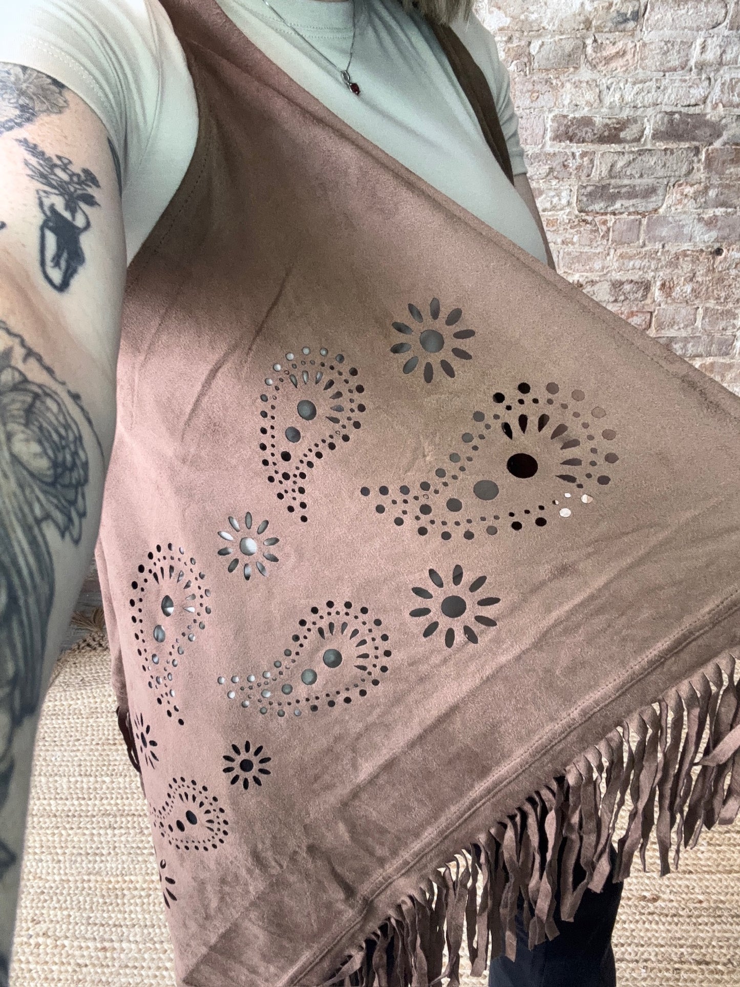 Vegan Suede Tassel Vest with Cut-out Details