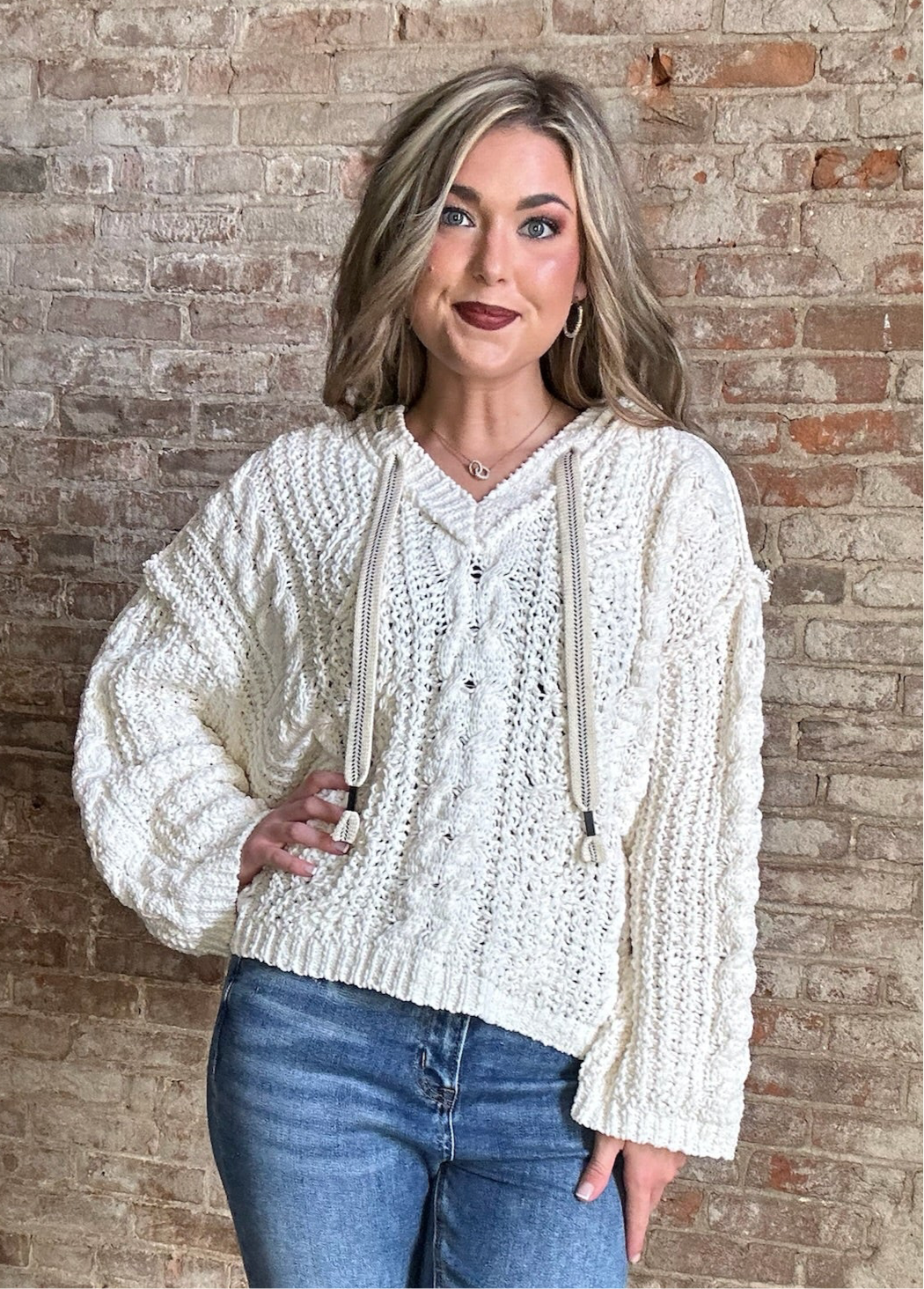 V Neck Hoodie Sweater ~ Cream