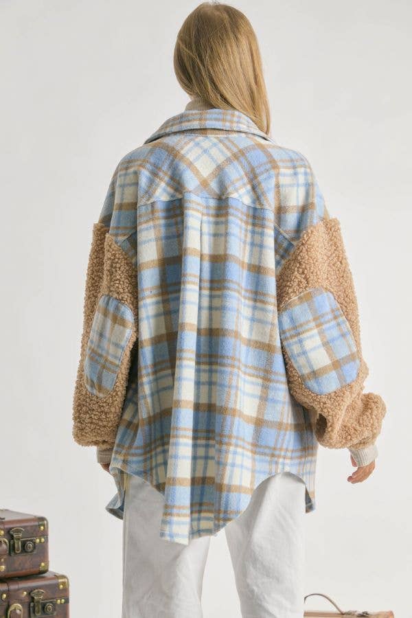 Curvy Plaid Light Blue Shacket with Sherpa