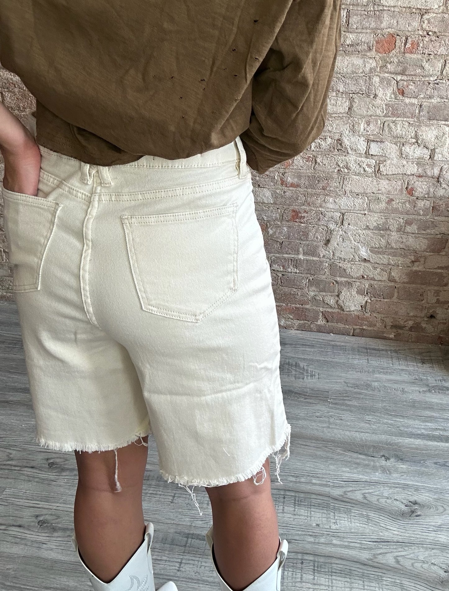 Ivory Denim High Rise Tummy Control Bermuda Shorts