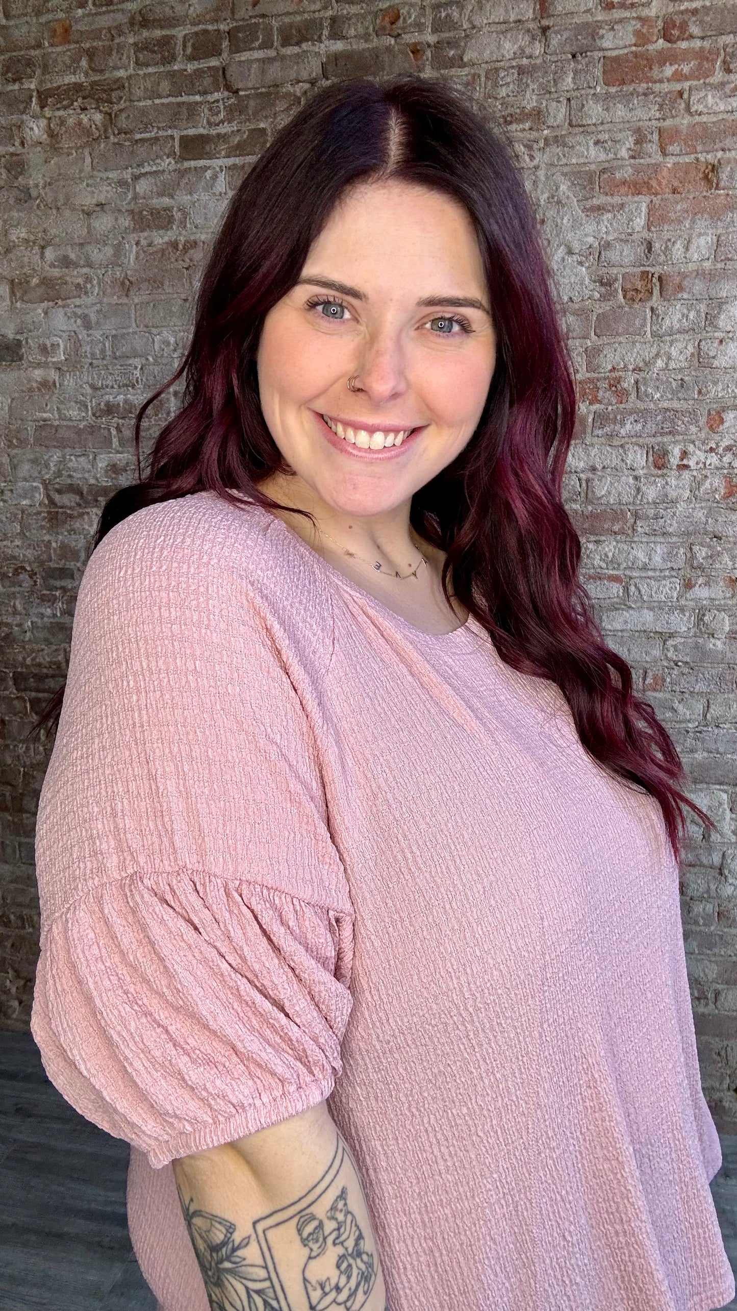 Curvy Textured Puff Sleeve Top ~ Blush