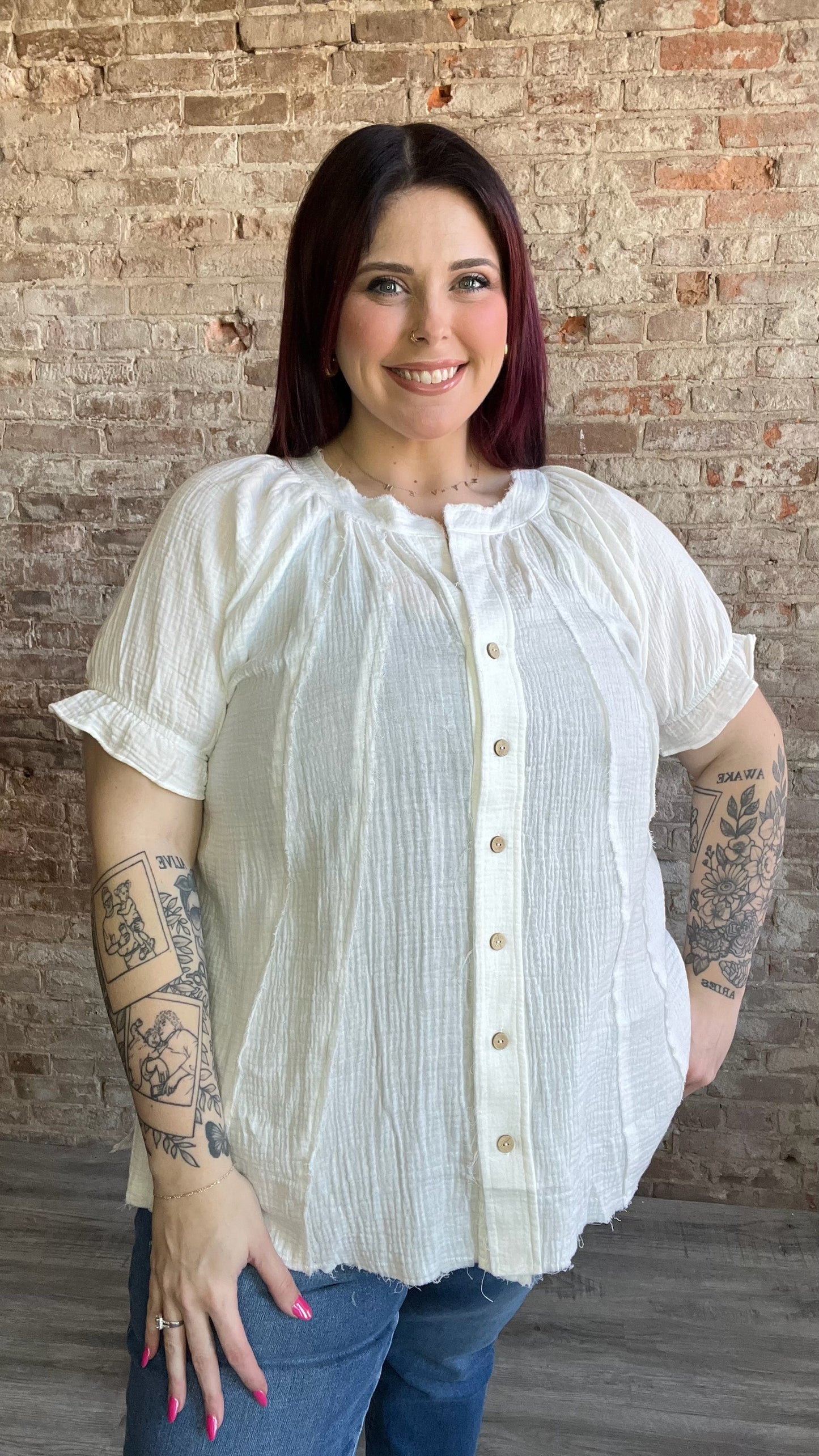 Curvy Puff Sleeved Gauze Blouse ~ White