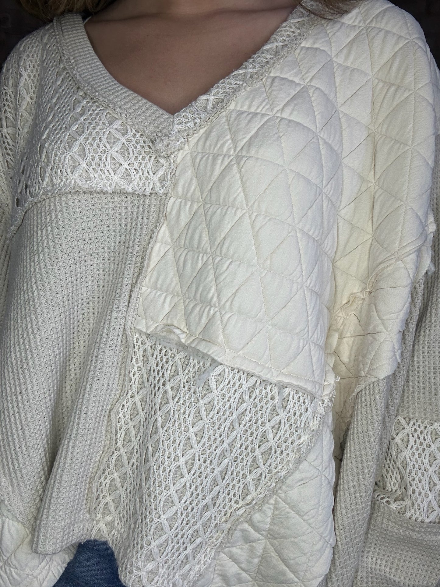 Mixed Textured V-Neck Top