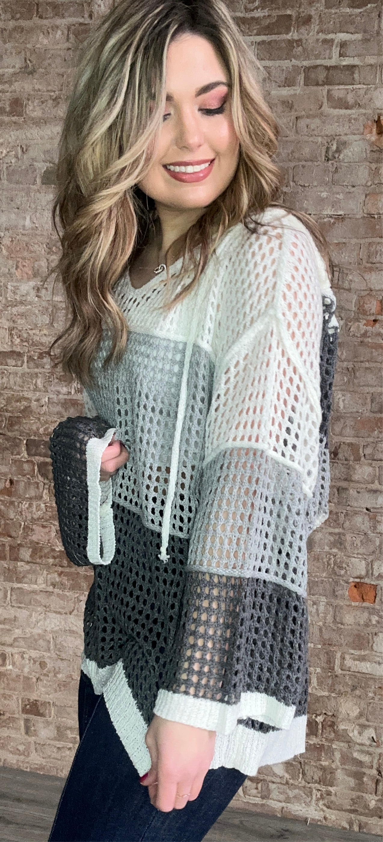 Contrasting Color Match Oversized Knit with Hood