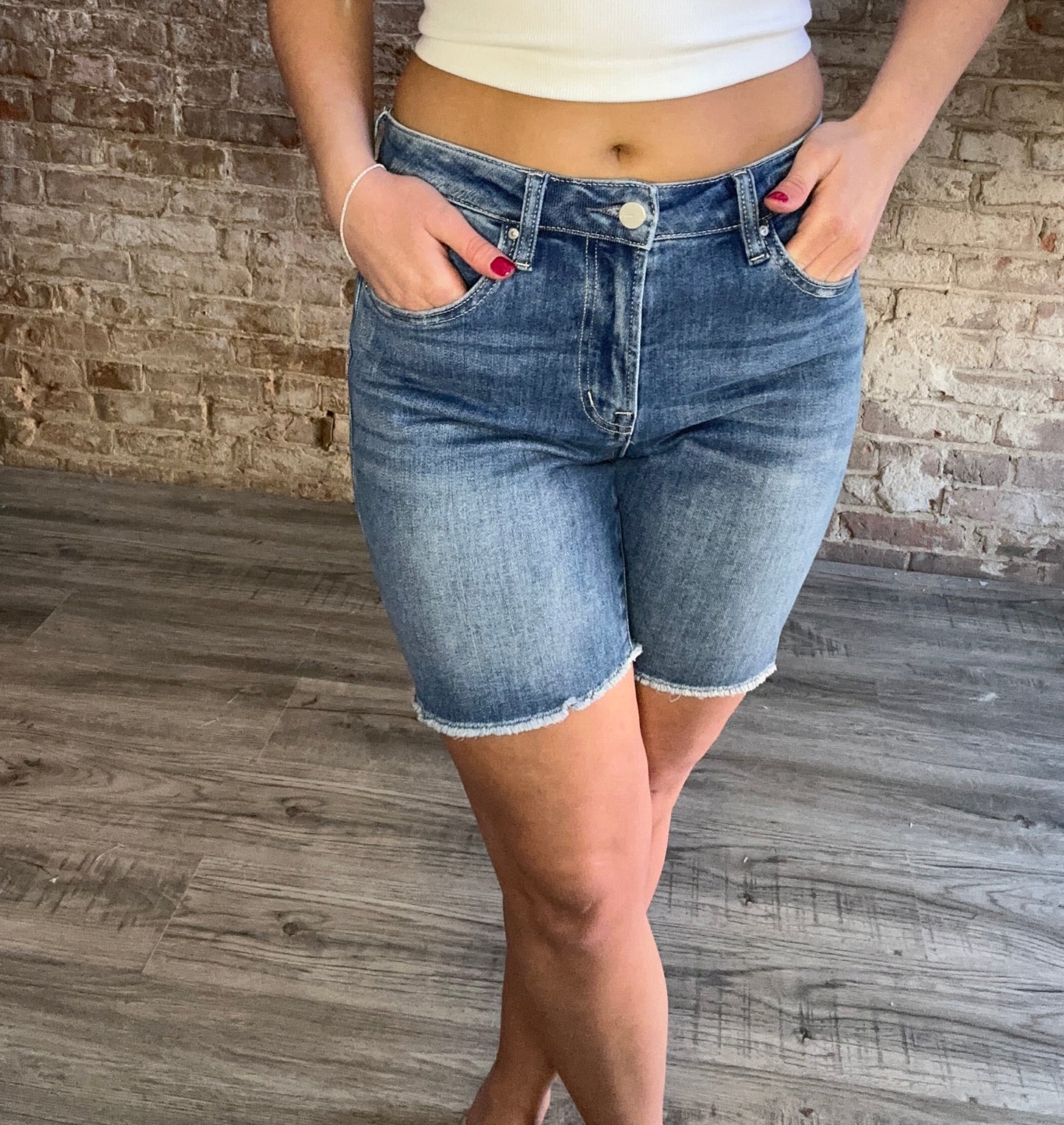 High Rise Stretch Midi Shorts
