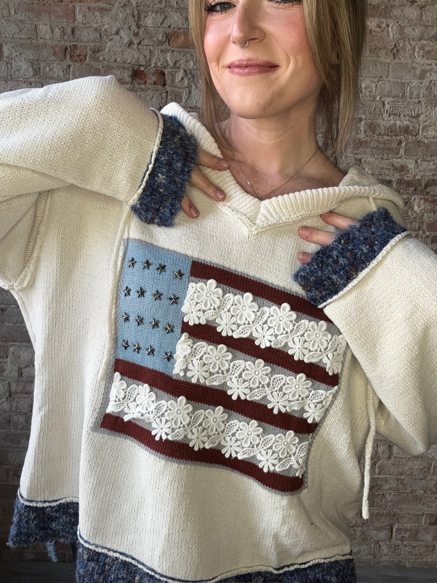 V Neck Old Glory Hooded Sweater