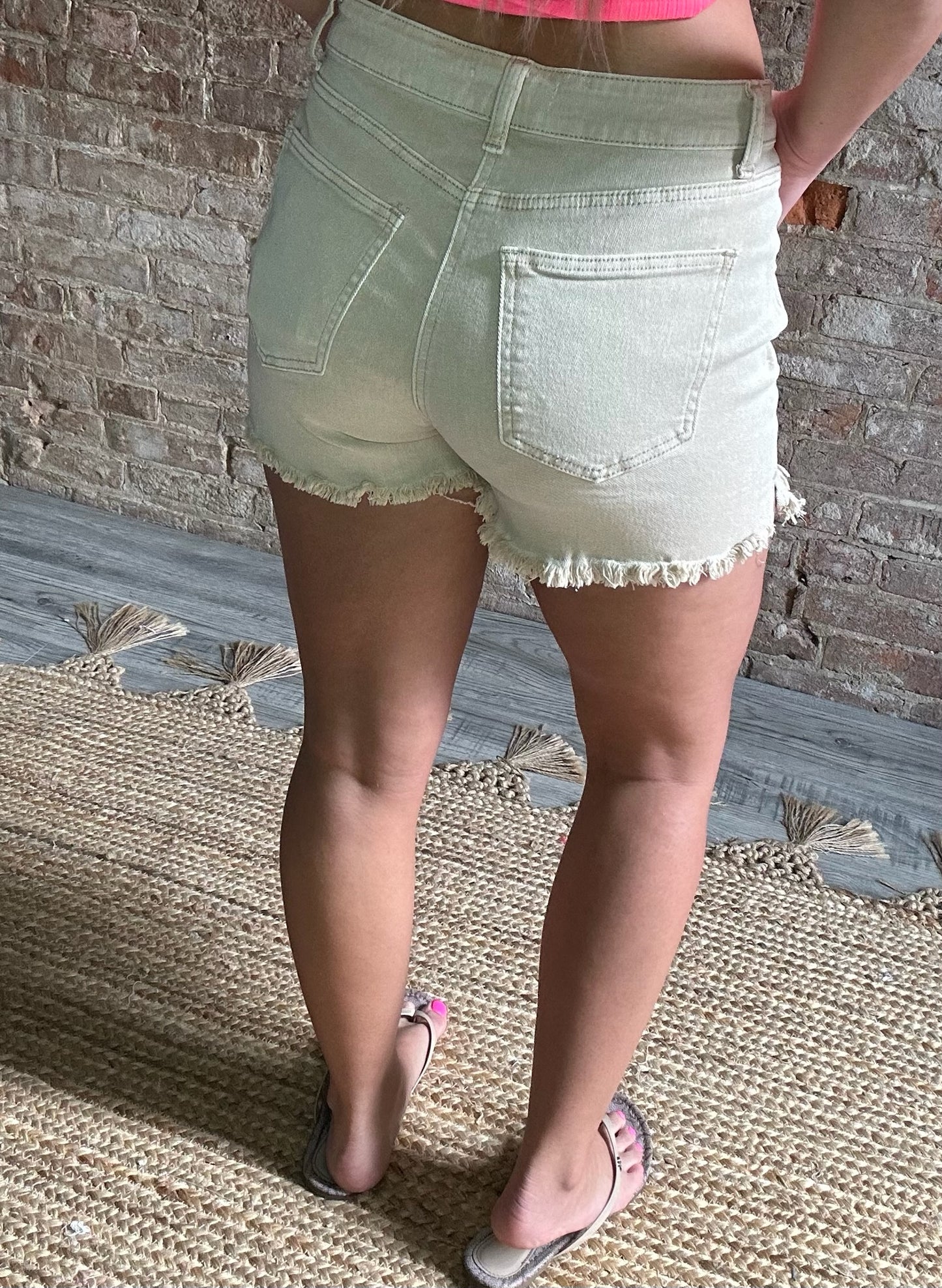 Acid Washed Frayed Cut Off Shorts ~ Khaki