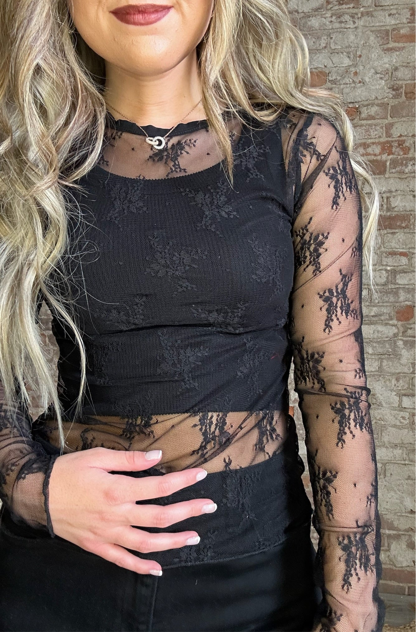 Long Sleeved Sheer Lace Mesh Layering Top ~ Black