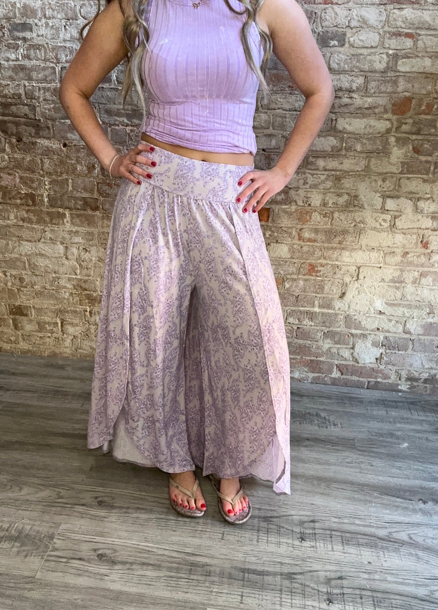Floral High-Waisted Split Front Wide Leg Pants