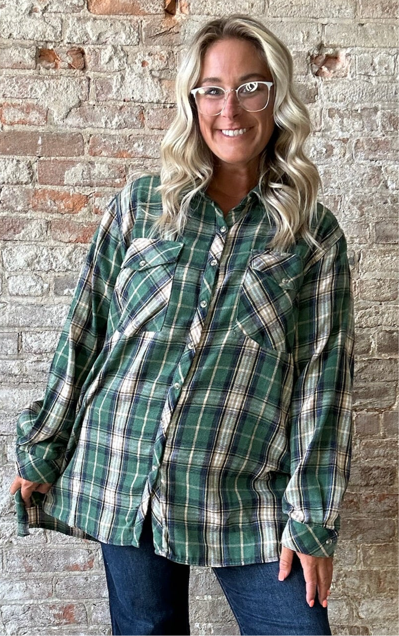 Curvy Plaid Soft Long Sleeved Flannel ~ Hunter Green
