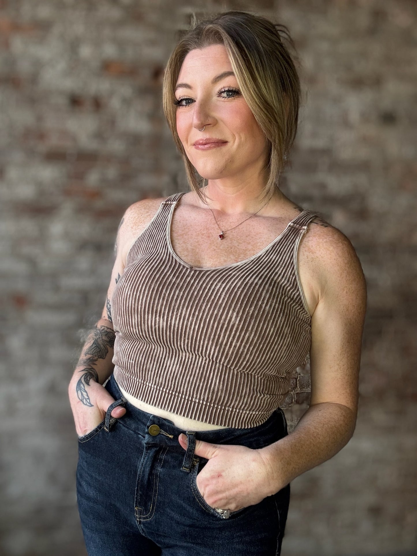 Mineral Washed Ribbed Cropped V Neck Tank with Removable Bra ~ Mocha