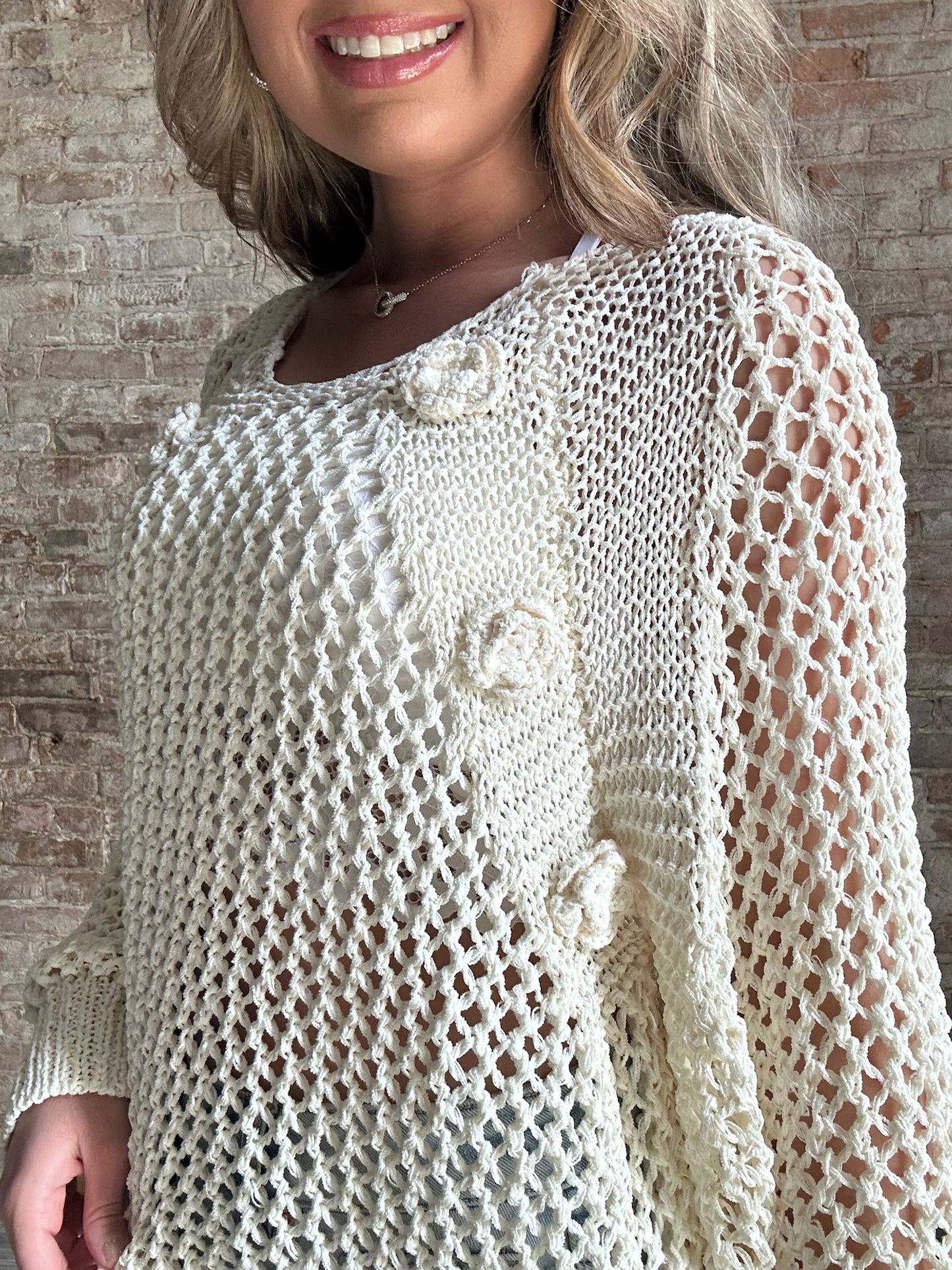 Crocheted Flower Sweater ~ Ivory