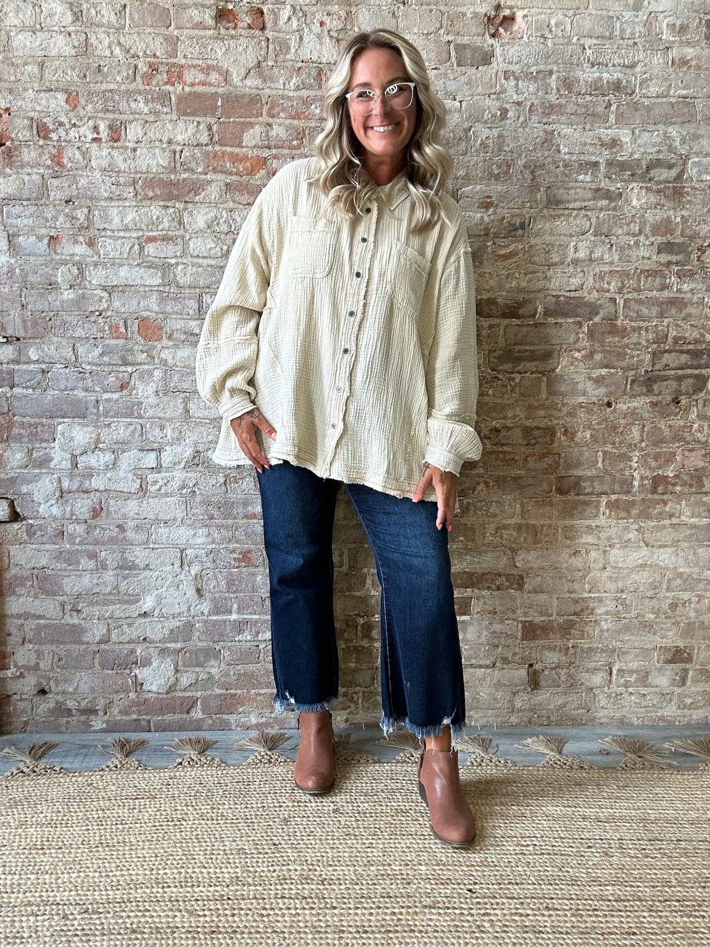 Curvy Button Down Washed Cotton Gauze Shirt