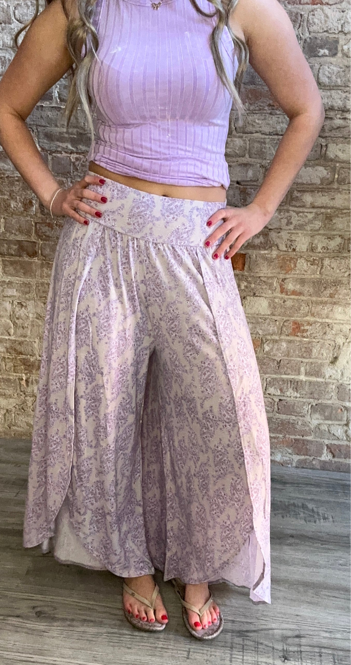 Floral High-Waisted Split Front Wide Leg Pants