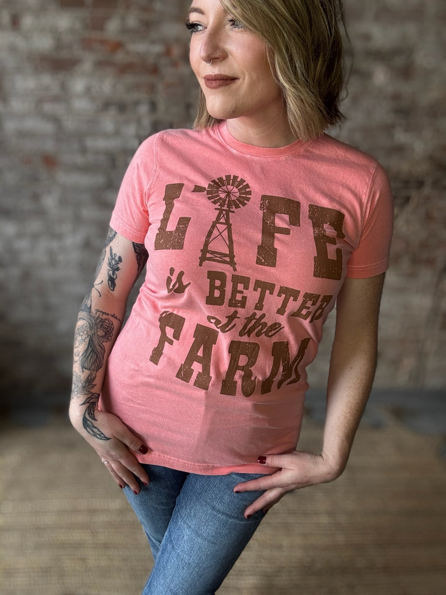 LIFE is Better at the Farm Mineral Wash Relaxed Fit ~ Coral