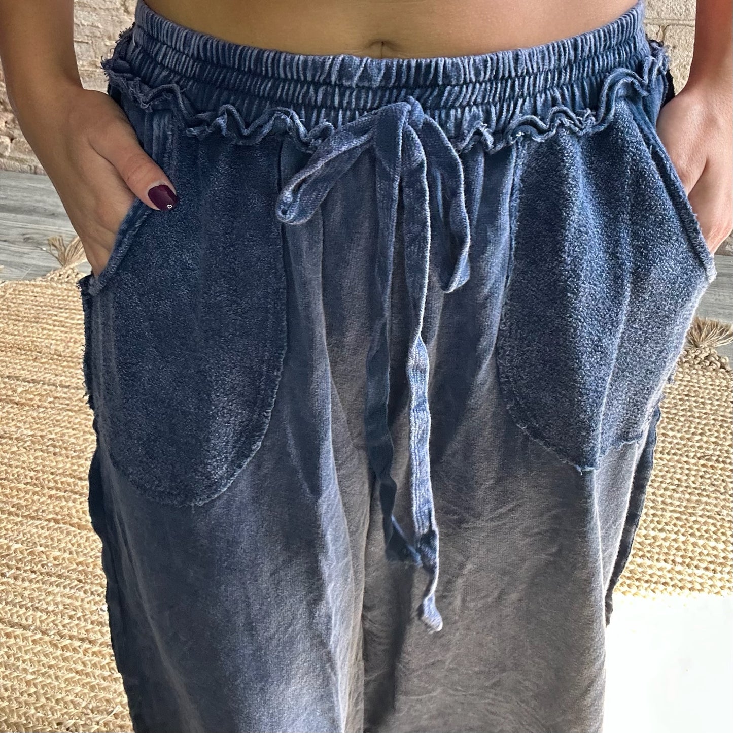 Mineral Washed Wide Legged Raw Hem Pants ~ Navy