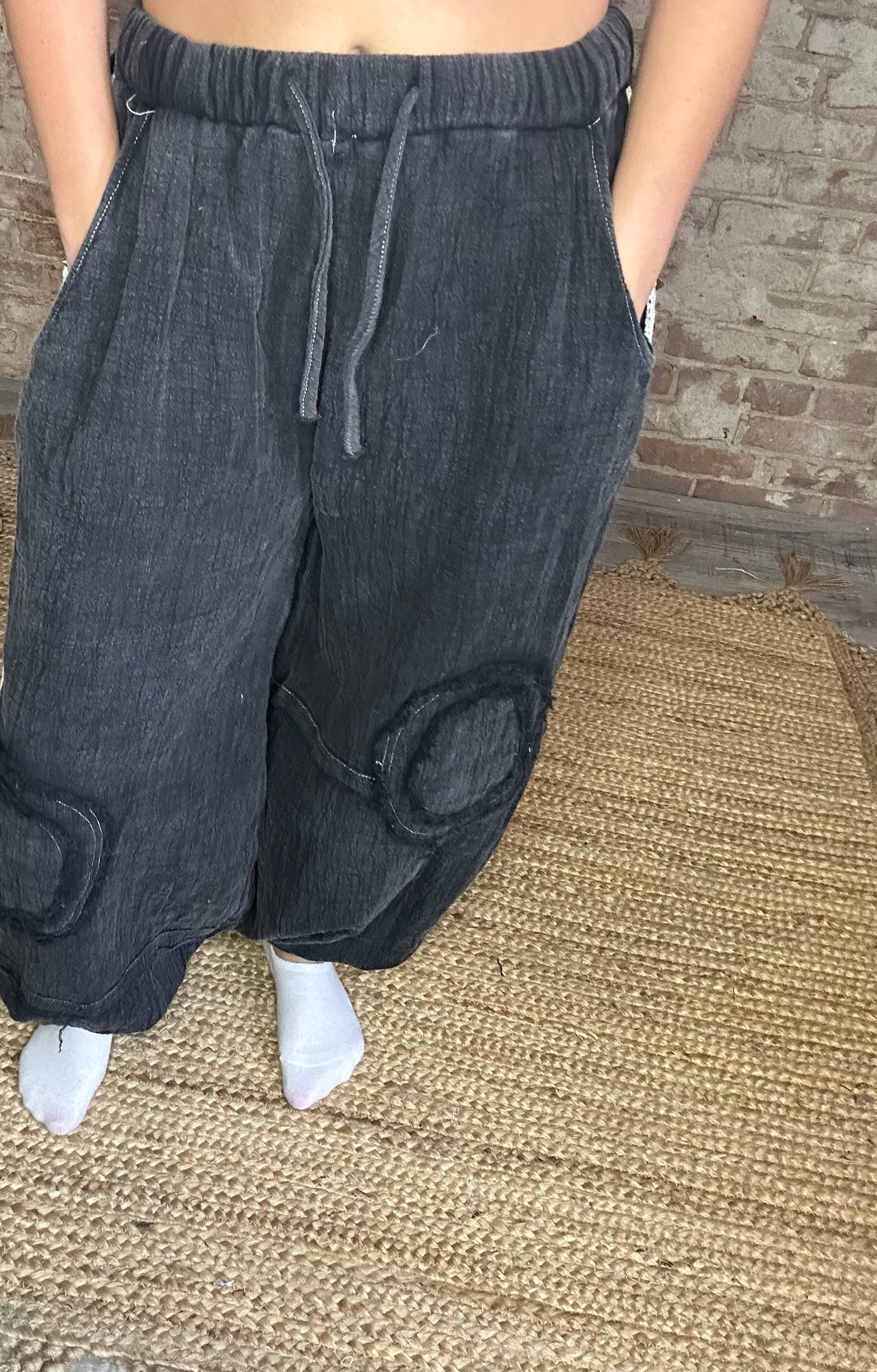 Black Jogger Pants with Gauze and Stud Details