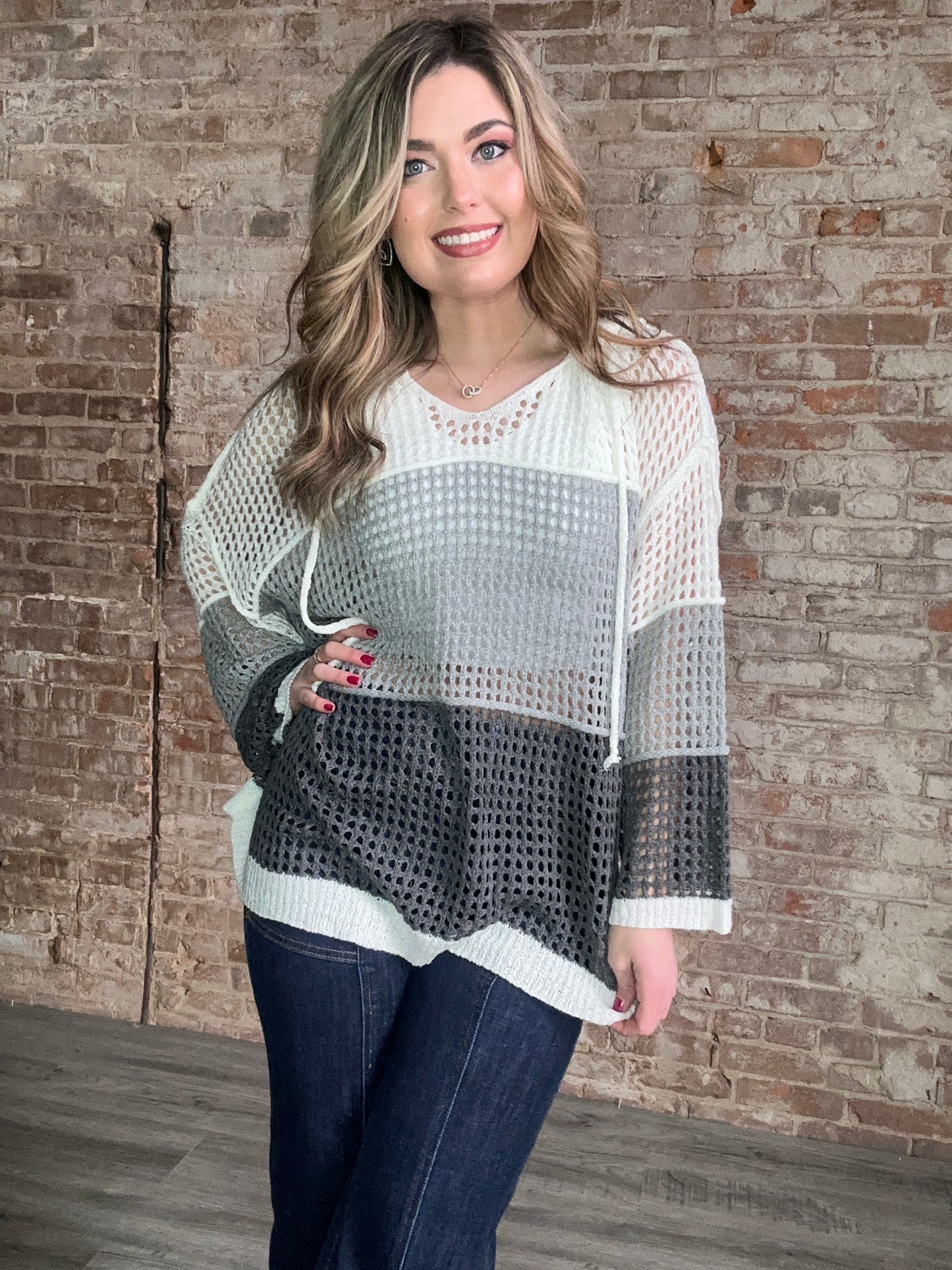 Contrasting Color Match Oversized Knit with Hood