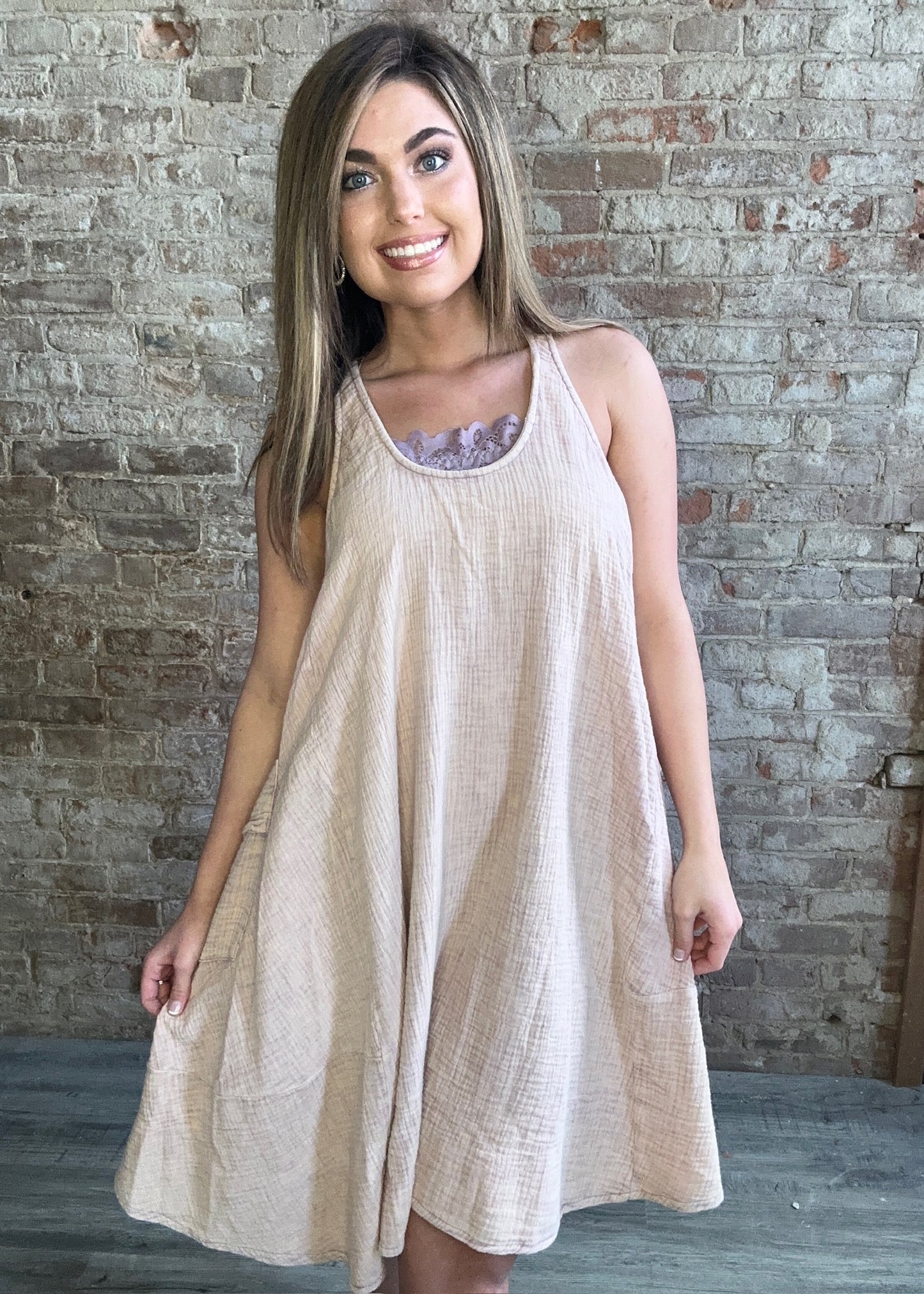 Mineral Washed Sleeveless Oversized Gauze Dress ~ Taupe/Lavender