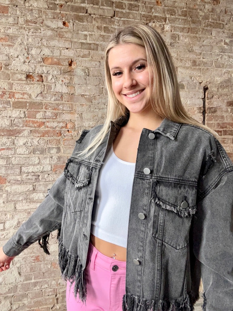 Raw Edge Fringe Denim Jacket ~ Black