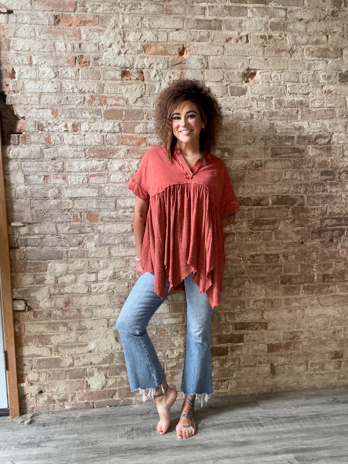 Mineral Washed Boho Flowy Tunic ~ Burnt Orange