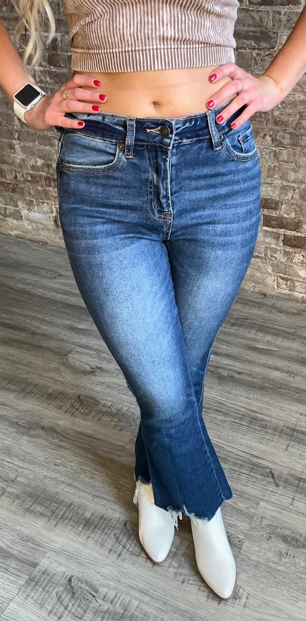 High Rise Crop Flare with Uneven Hem