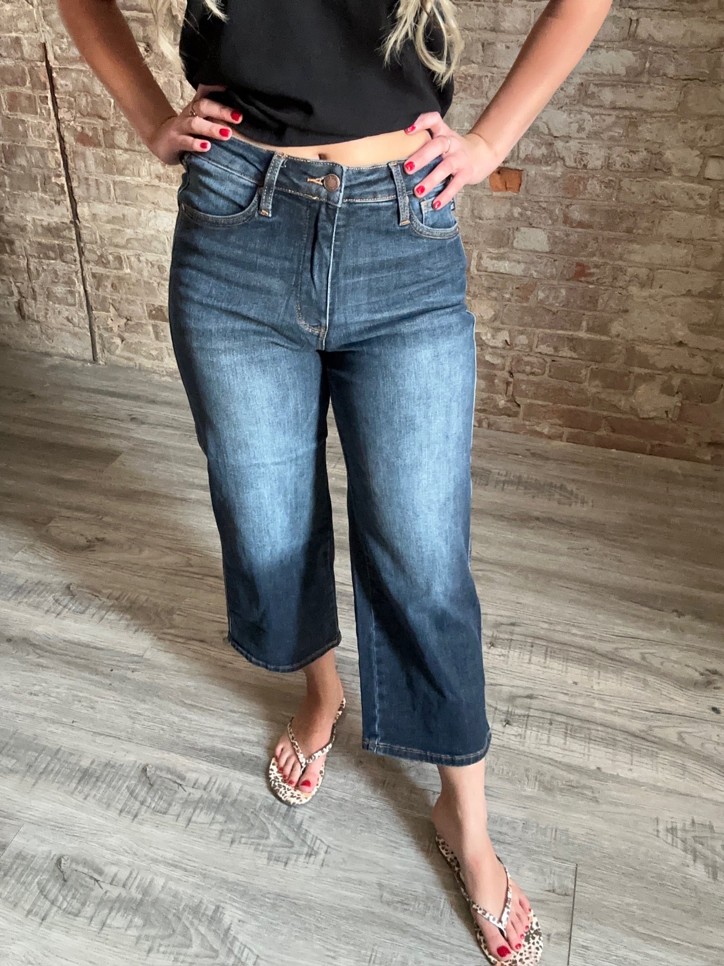 Judy Blue Mid Rise Tummy Control Crop Wide Jeans