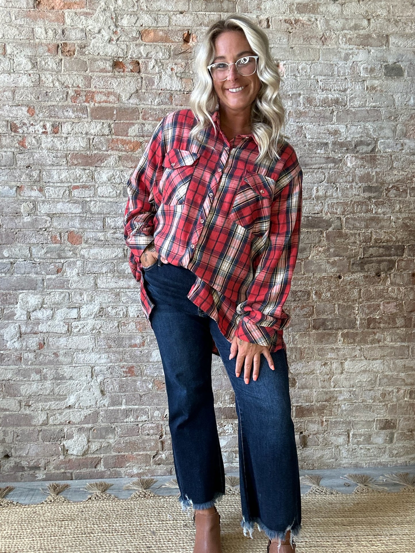 Curvy Plaid Soft Long Sleeved Flannel ~ Red