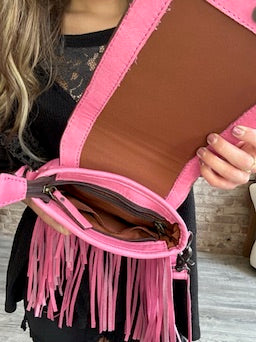 Western Genuine Leather Hand Tooled Fringe Crossbody Purse ~ Pink
