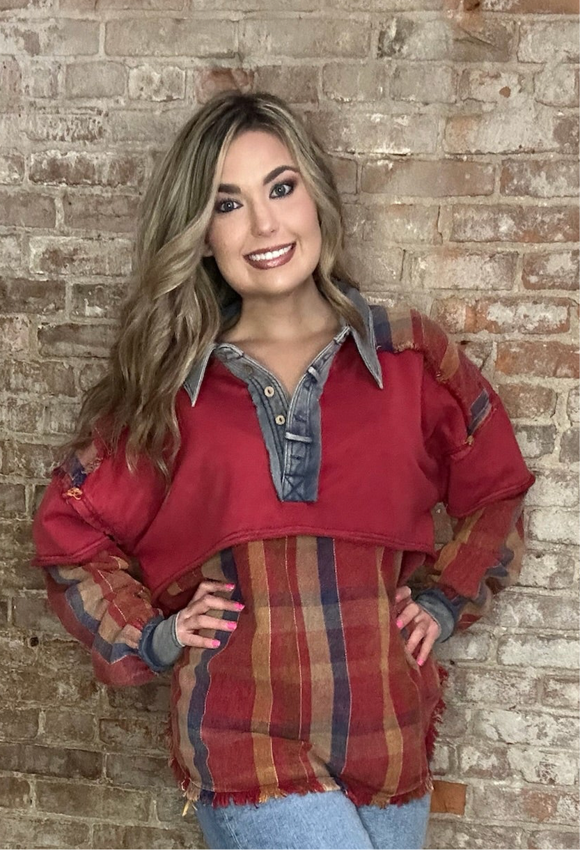Collared Frayed Hem Flannel Shirt