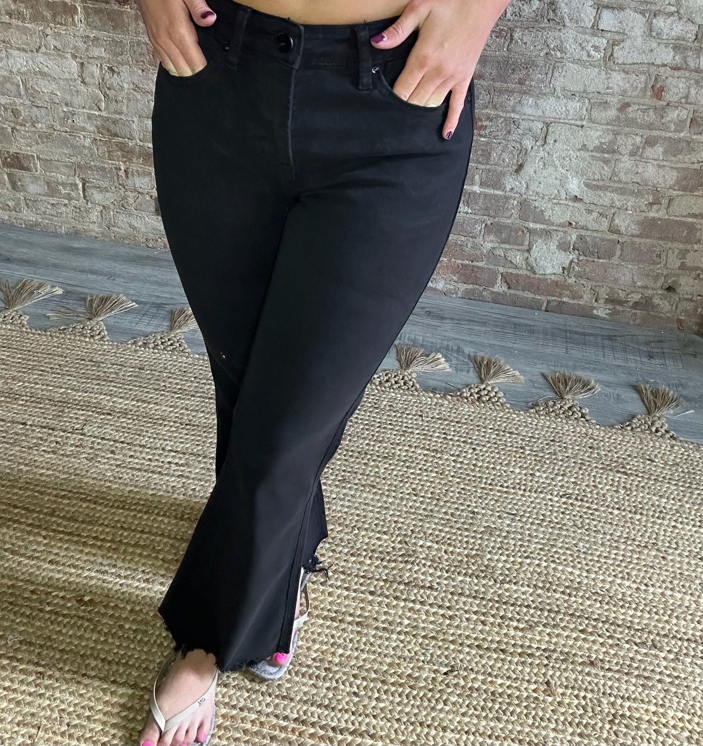 High Rise Crop Flare with Uneven Hem Black Jeans