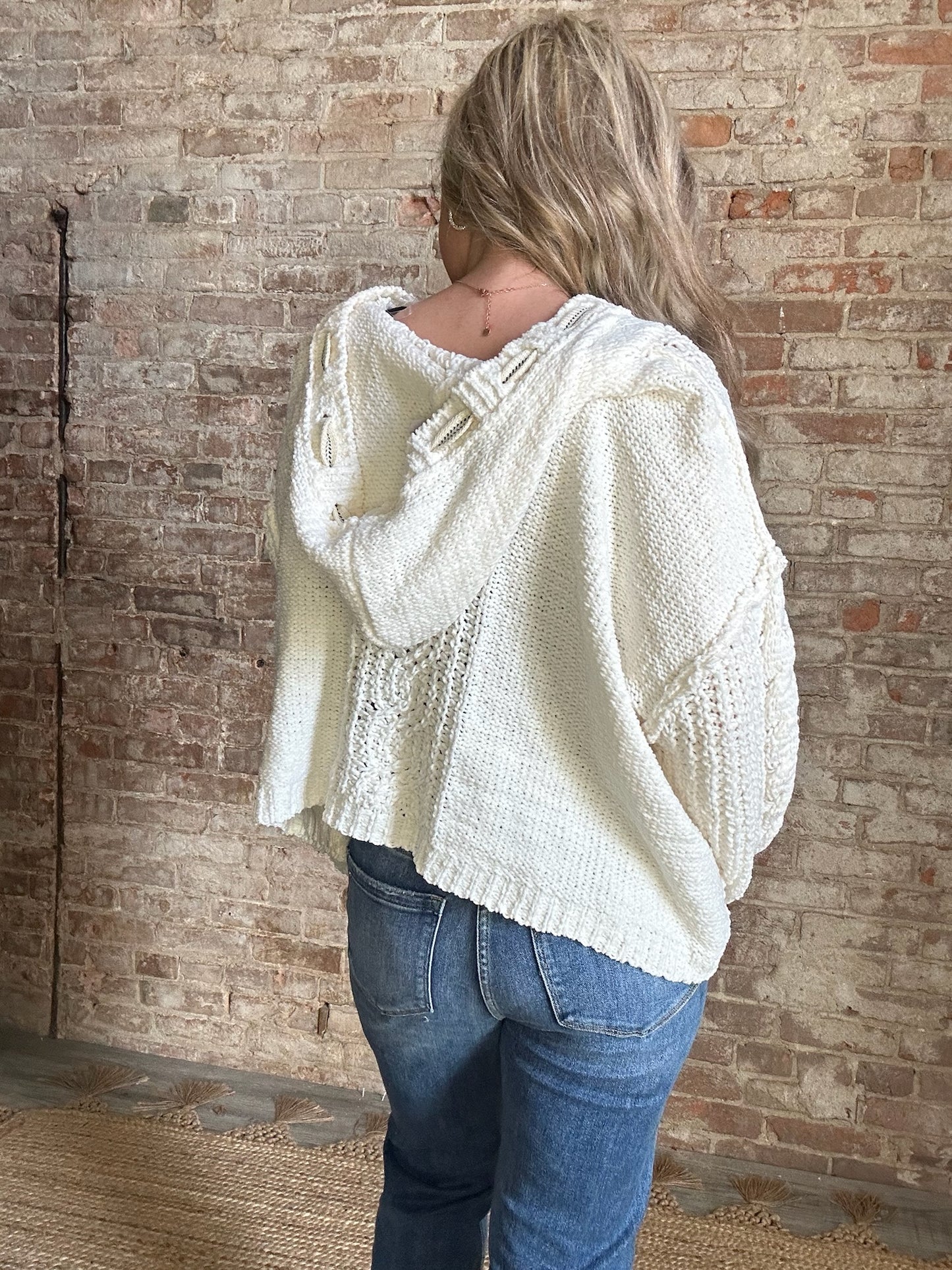 V Neck Hoodie Sweater ~ Cream