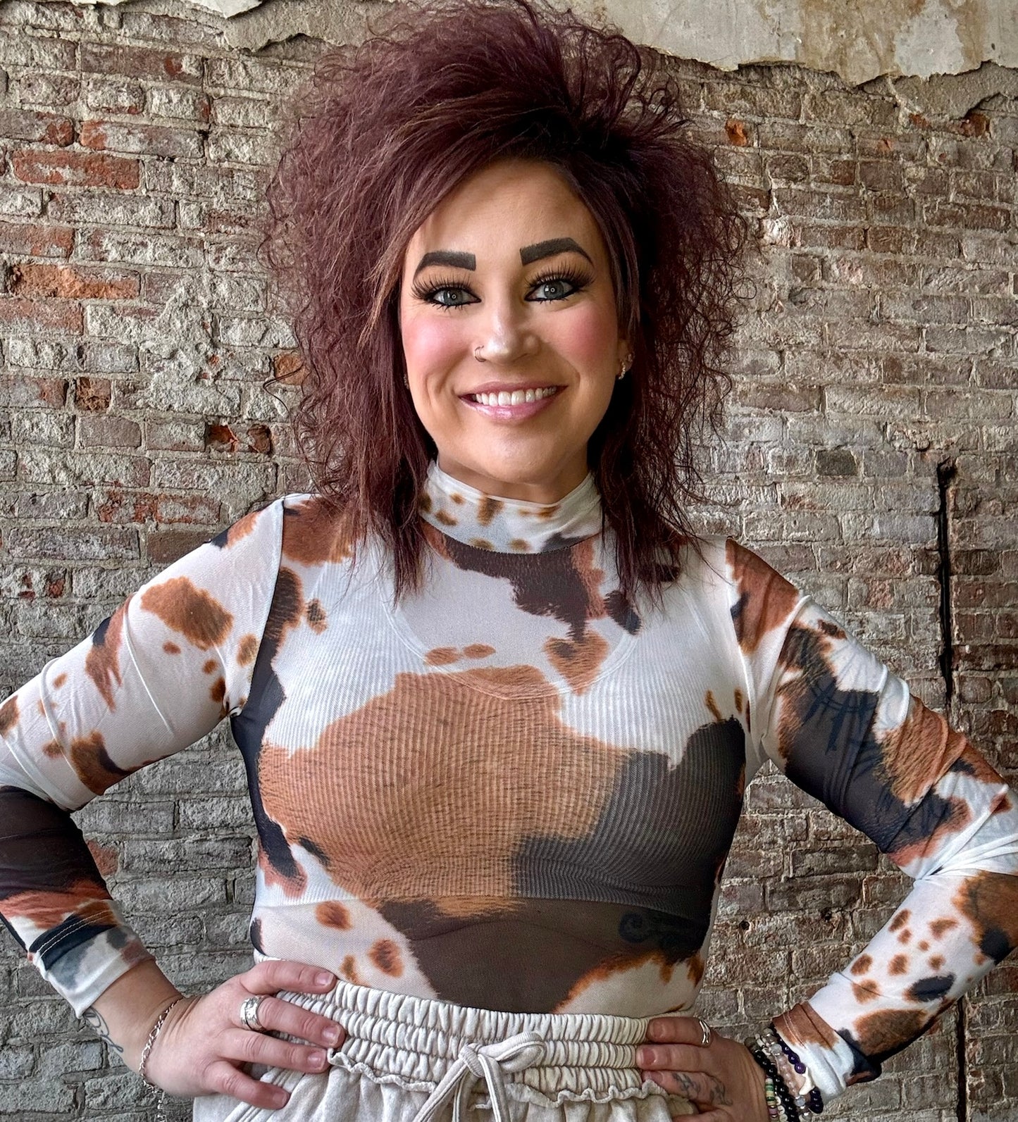 Cow Print Mesh Layering Bodysuit