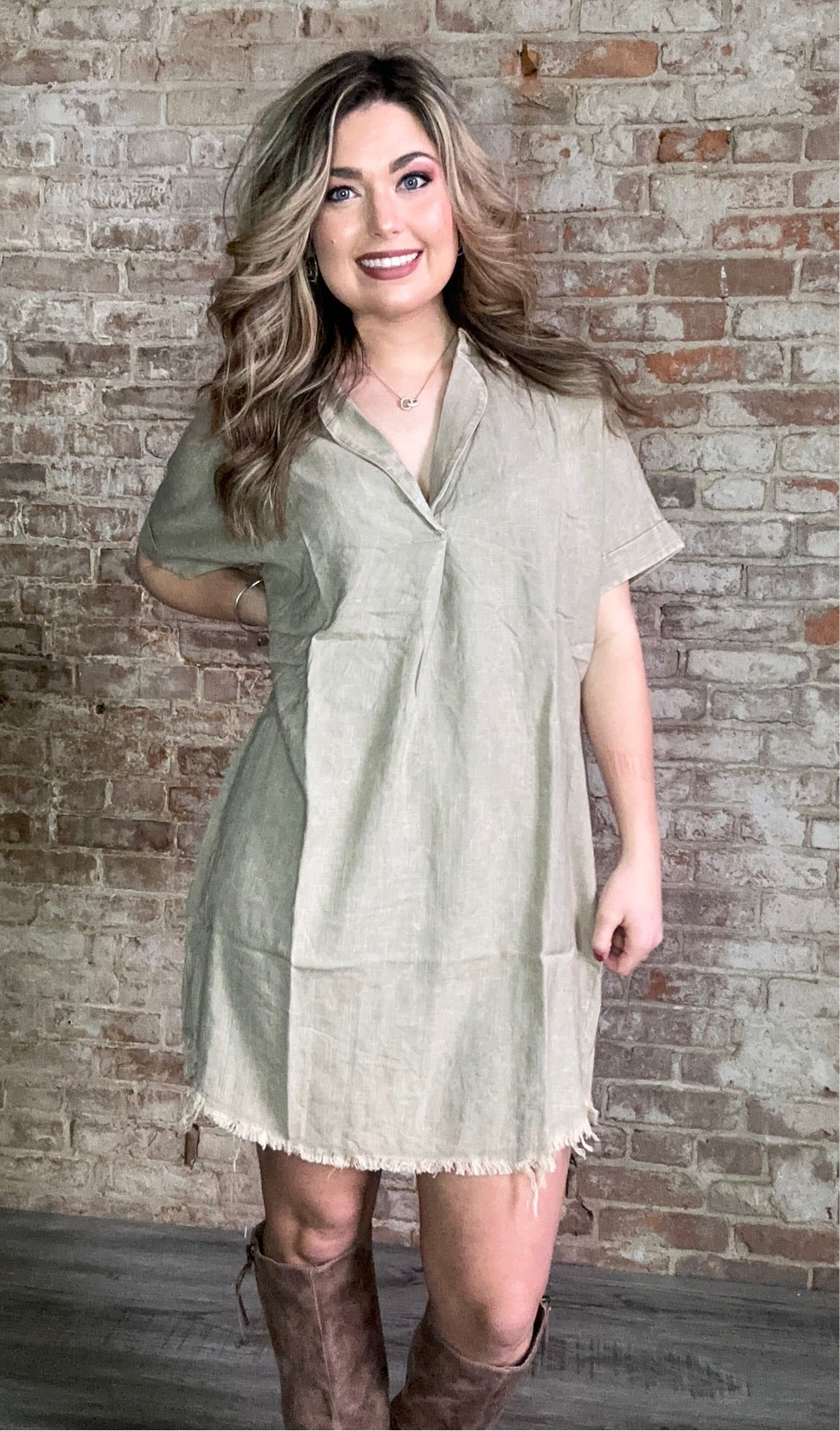 Washed Linen Raw Edge V-Neck Dress