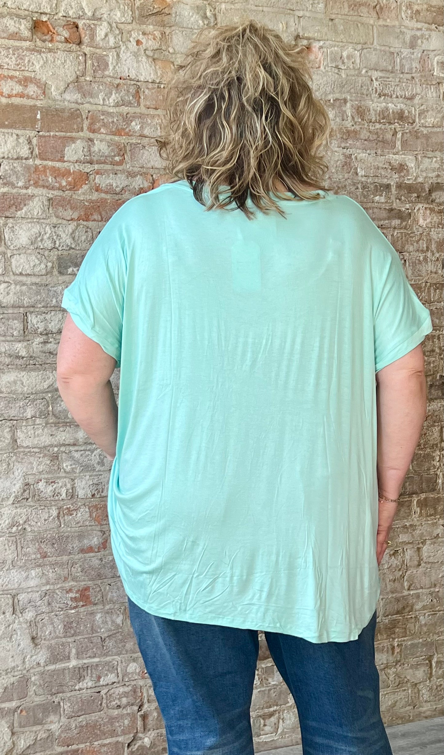 Curvy V Neck Short Sleeve Top ~ Mint