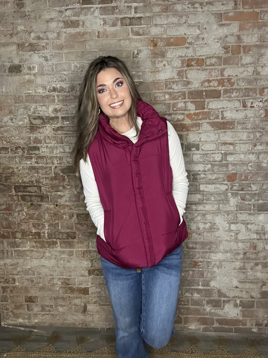High Neck Puffer Vest ~ Burgundy