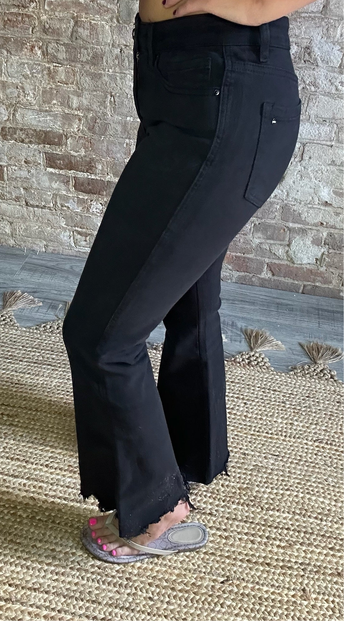 High Rise Crop Flare with Uneven Hem Black Jeans