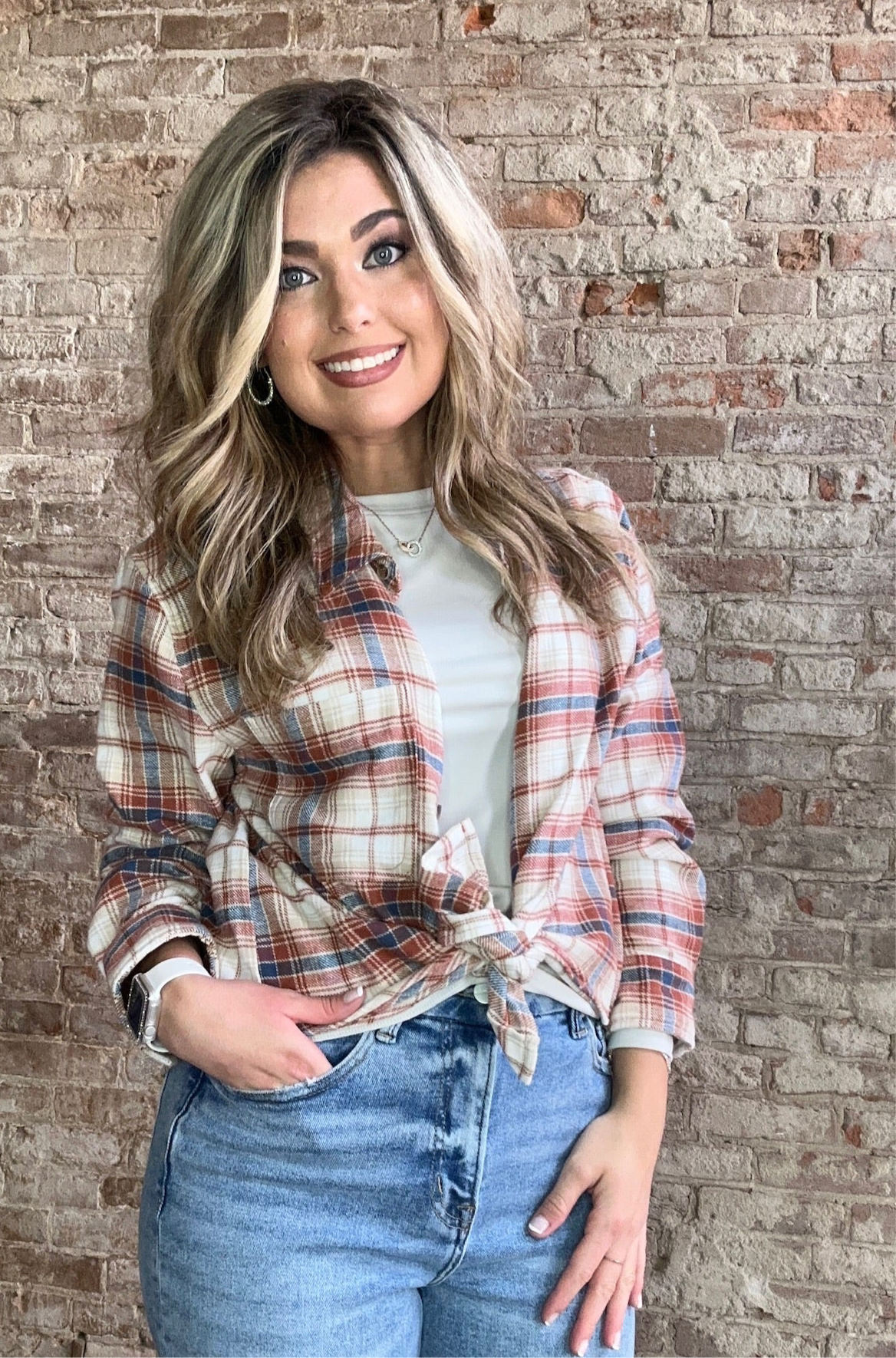 Plaid Flannel Button Down ~ Brick / Blue
