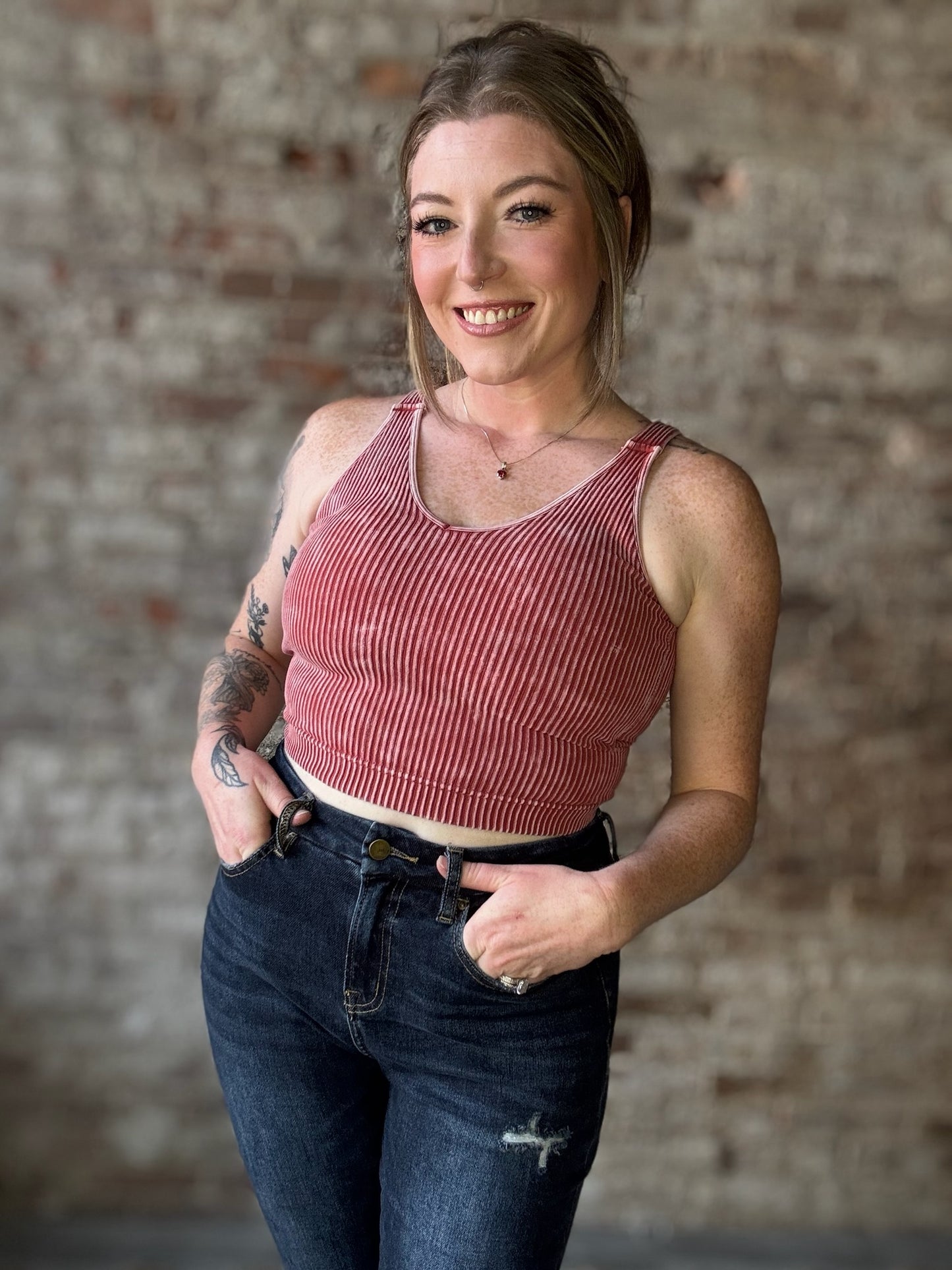 Mineral Washed Ribbed Cropped V Neck Tank with Removable Bra ~ Rust