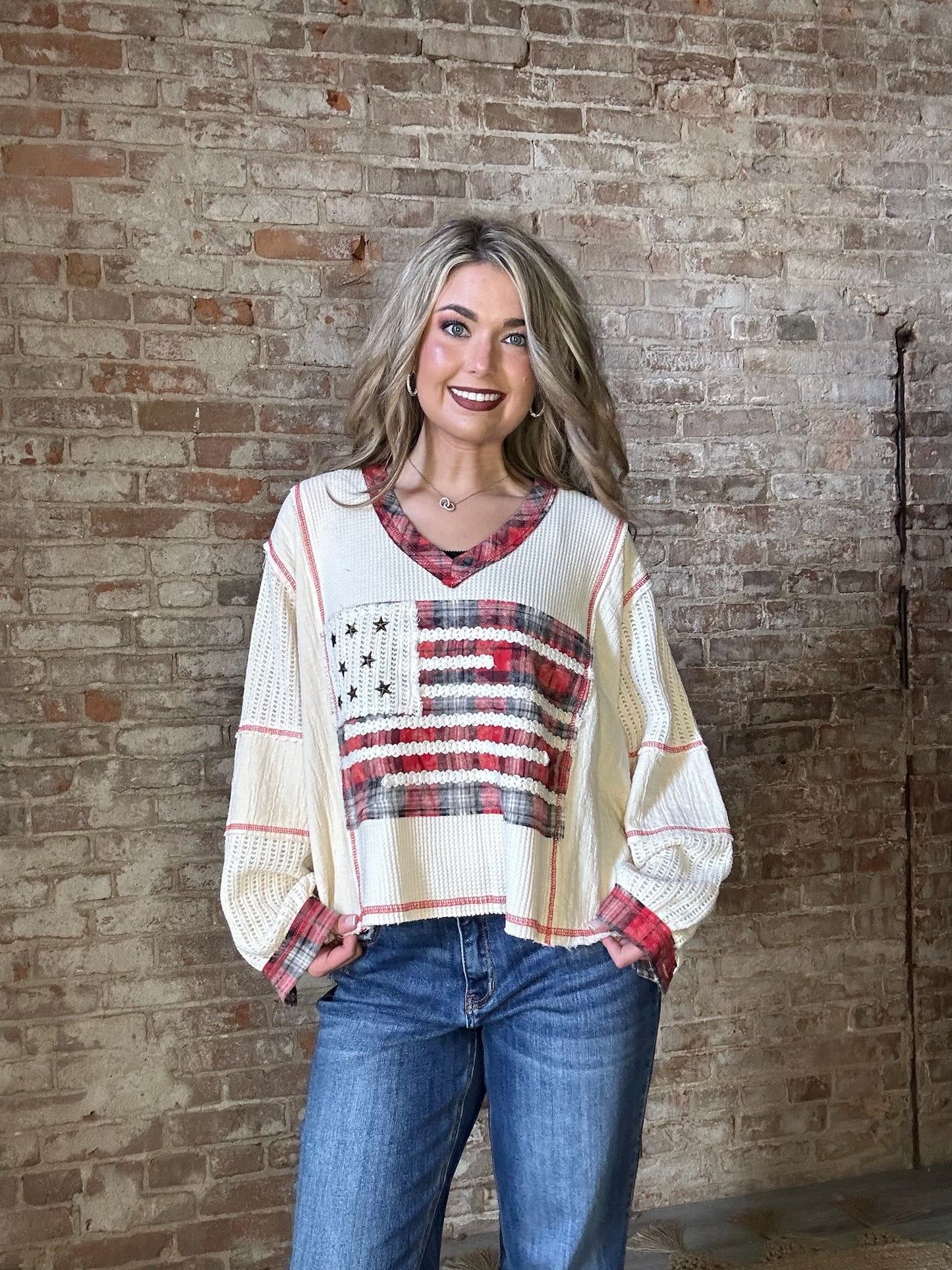 American Flag Thermal Shirt ~ Red