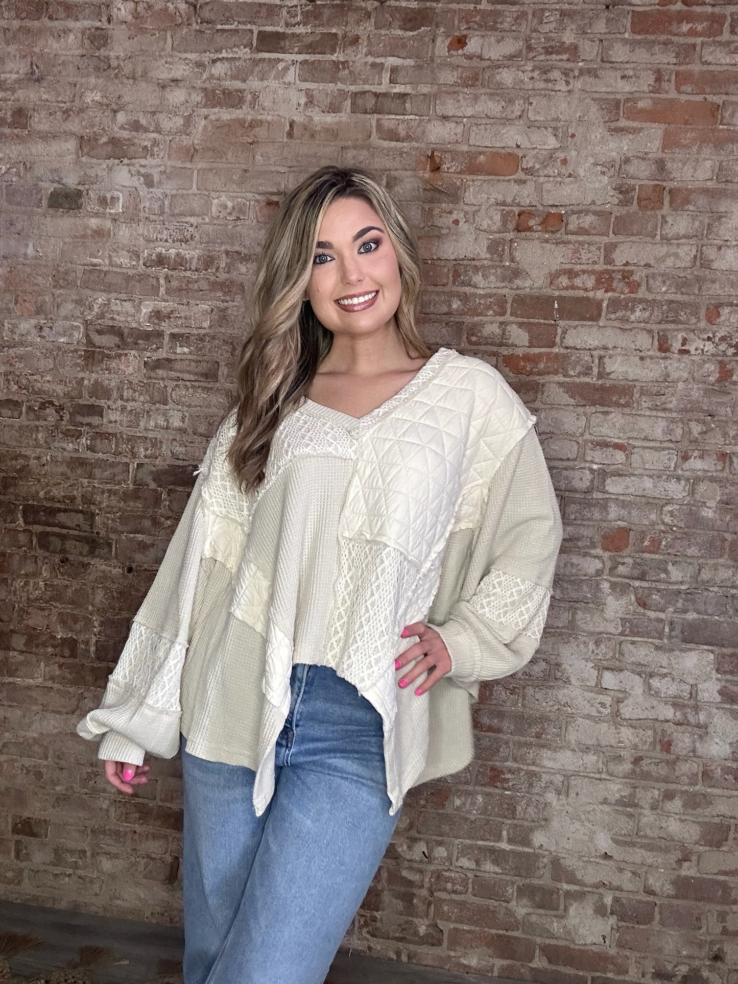 Mixed Textured V-Neck Top