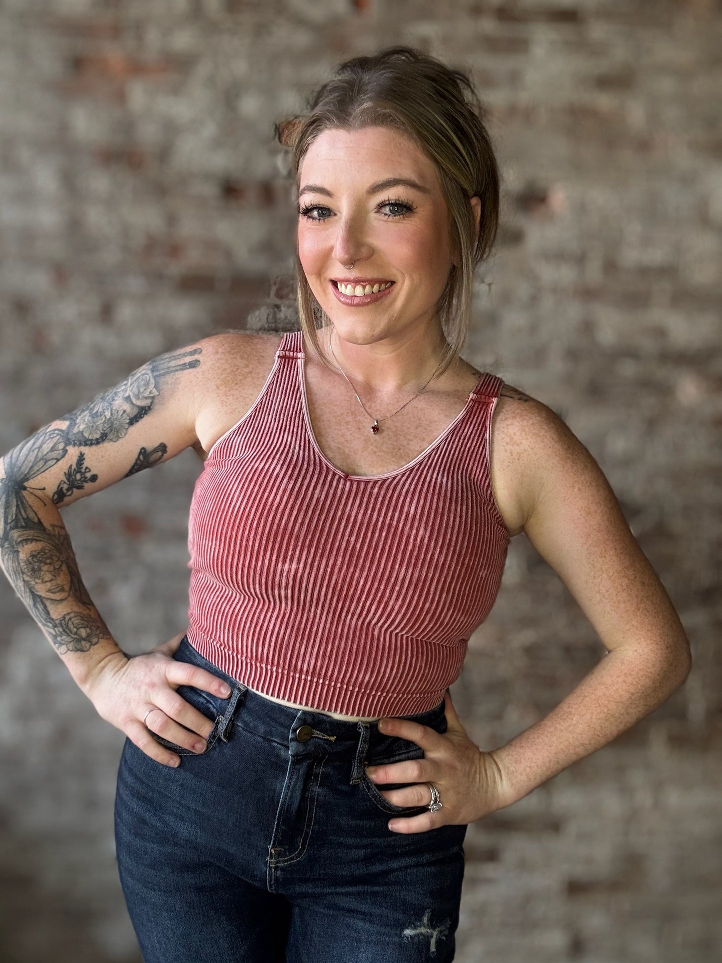 Mineral Washed Ribbed Cropped V Neck Tank with Removable Bra ~ Rust