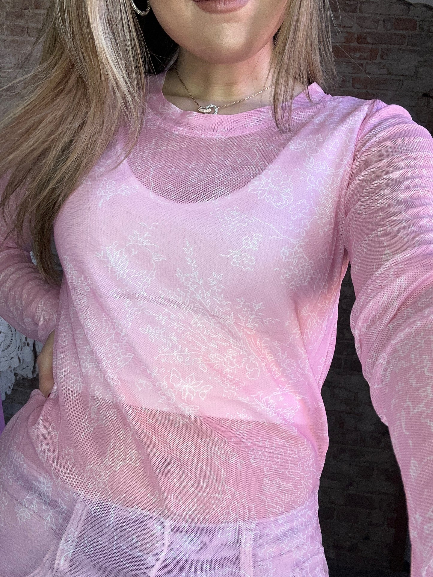 Multi Print Mesh Long Sleeve Top ~ Pink