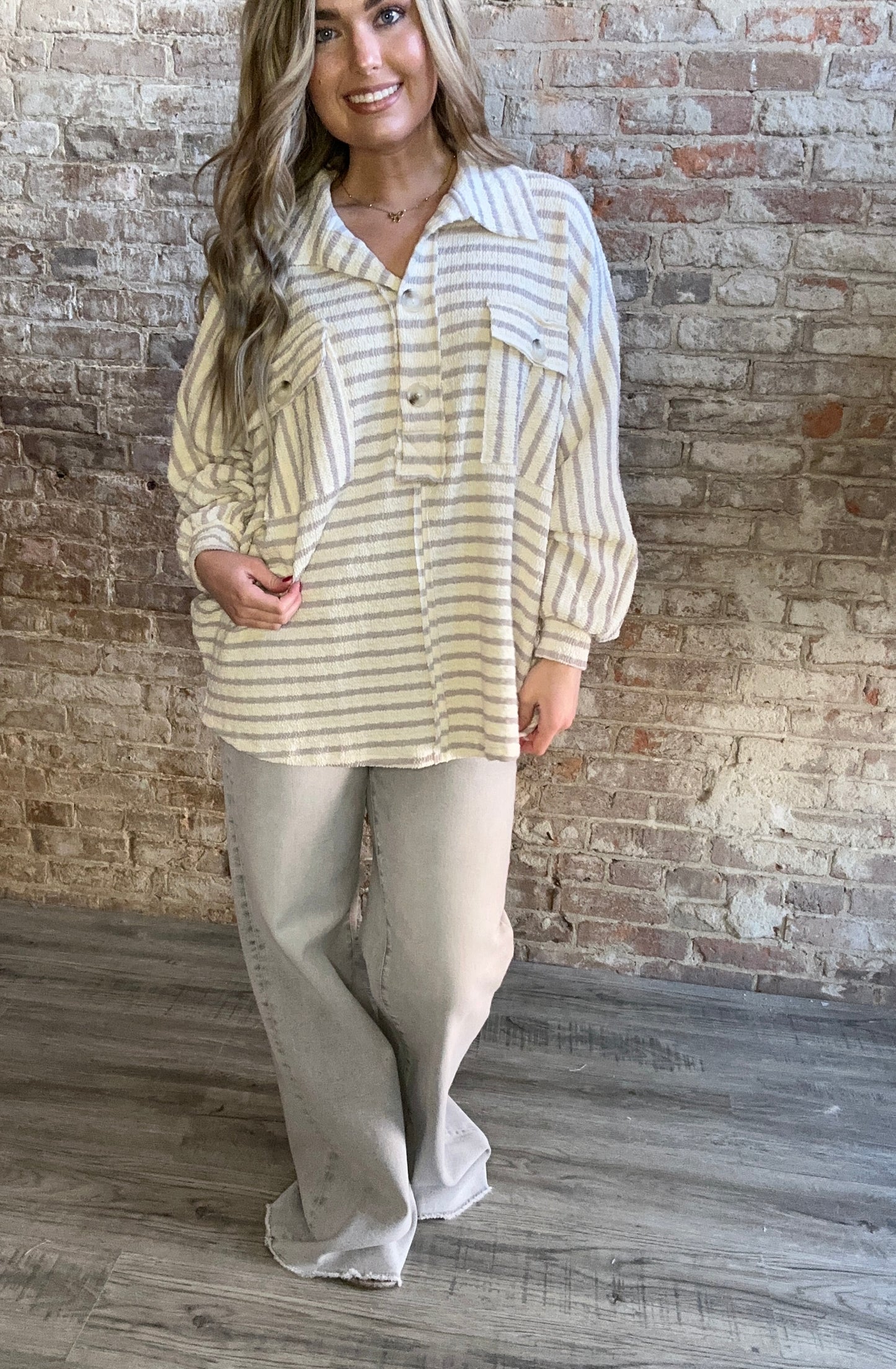 Collared Oversized Button Up Stripe Pullover Top ~ Taupe