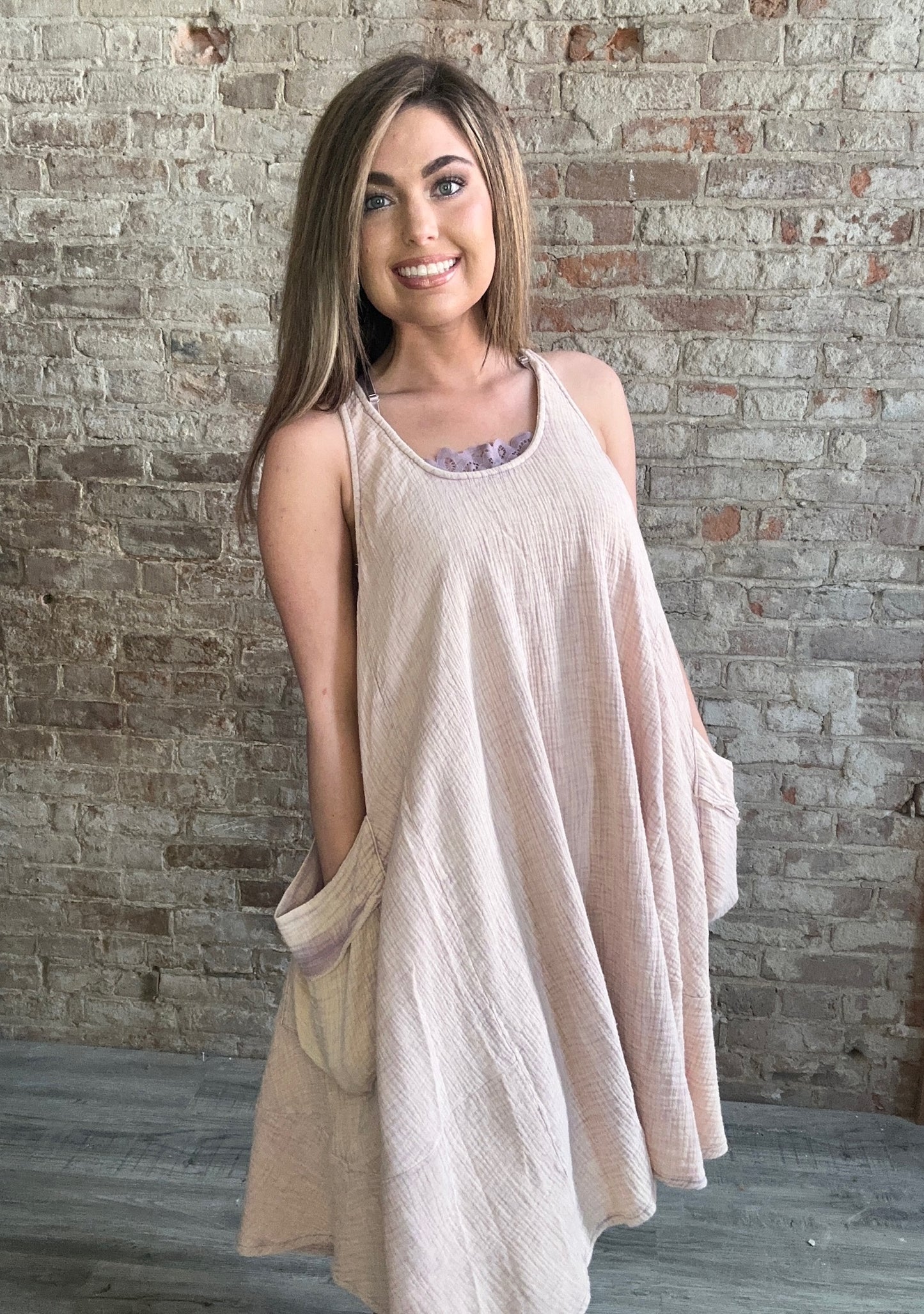 Mineral Washed Sleeveless Oversized Gauze Dress ~ Taupe/Lavender