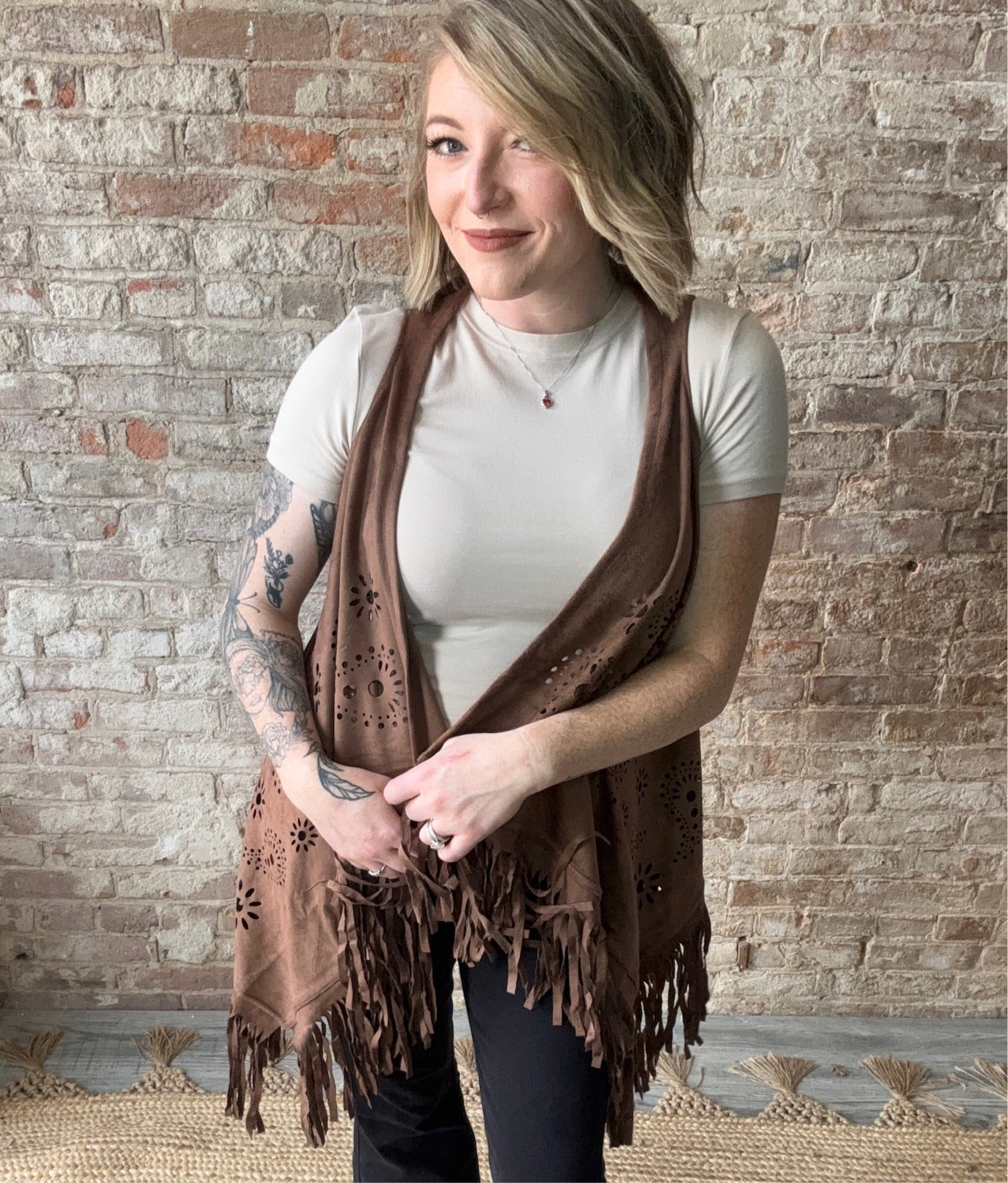 Vegan Suede Tassel Vest with Cut-out Details