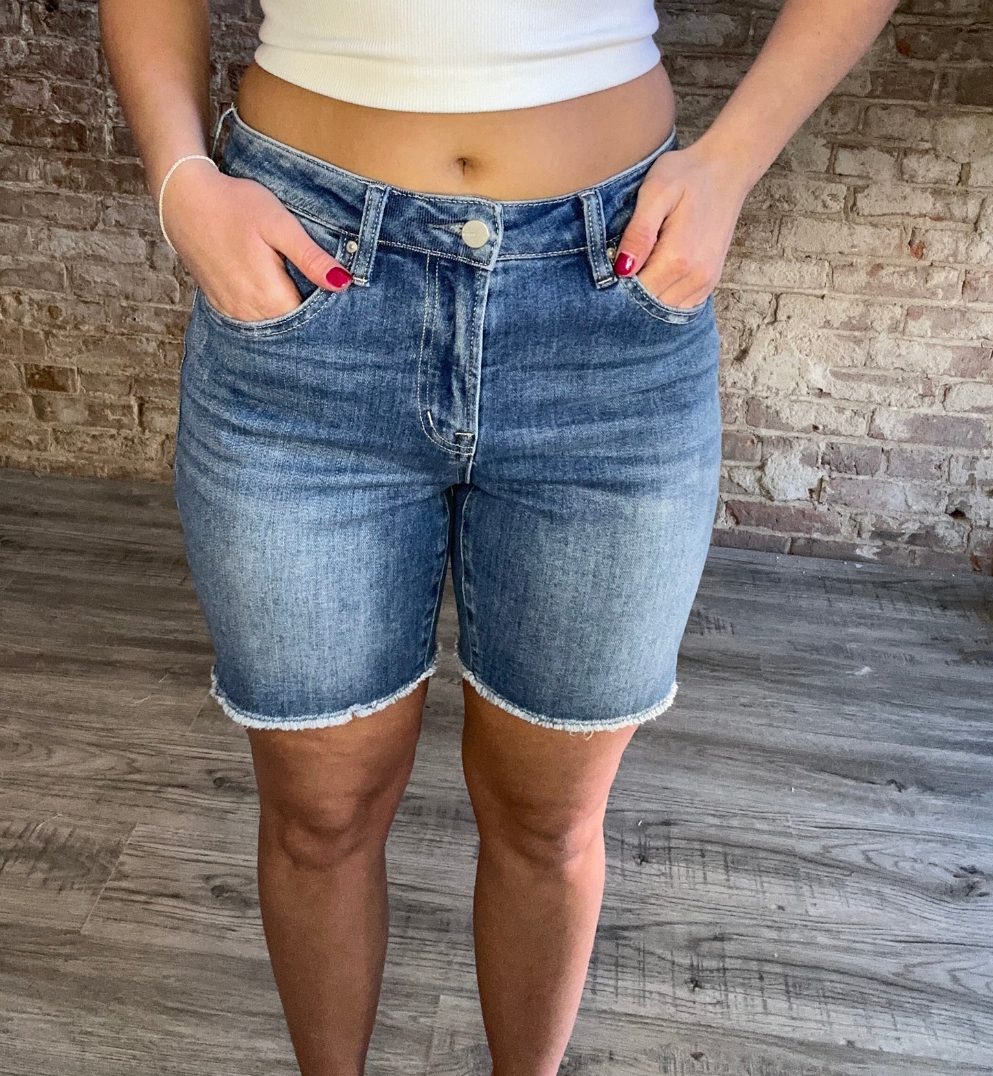 High Rise Stretch Midi Shorts