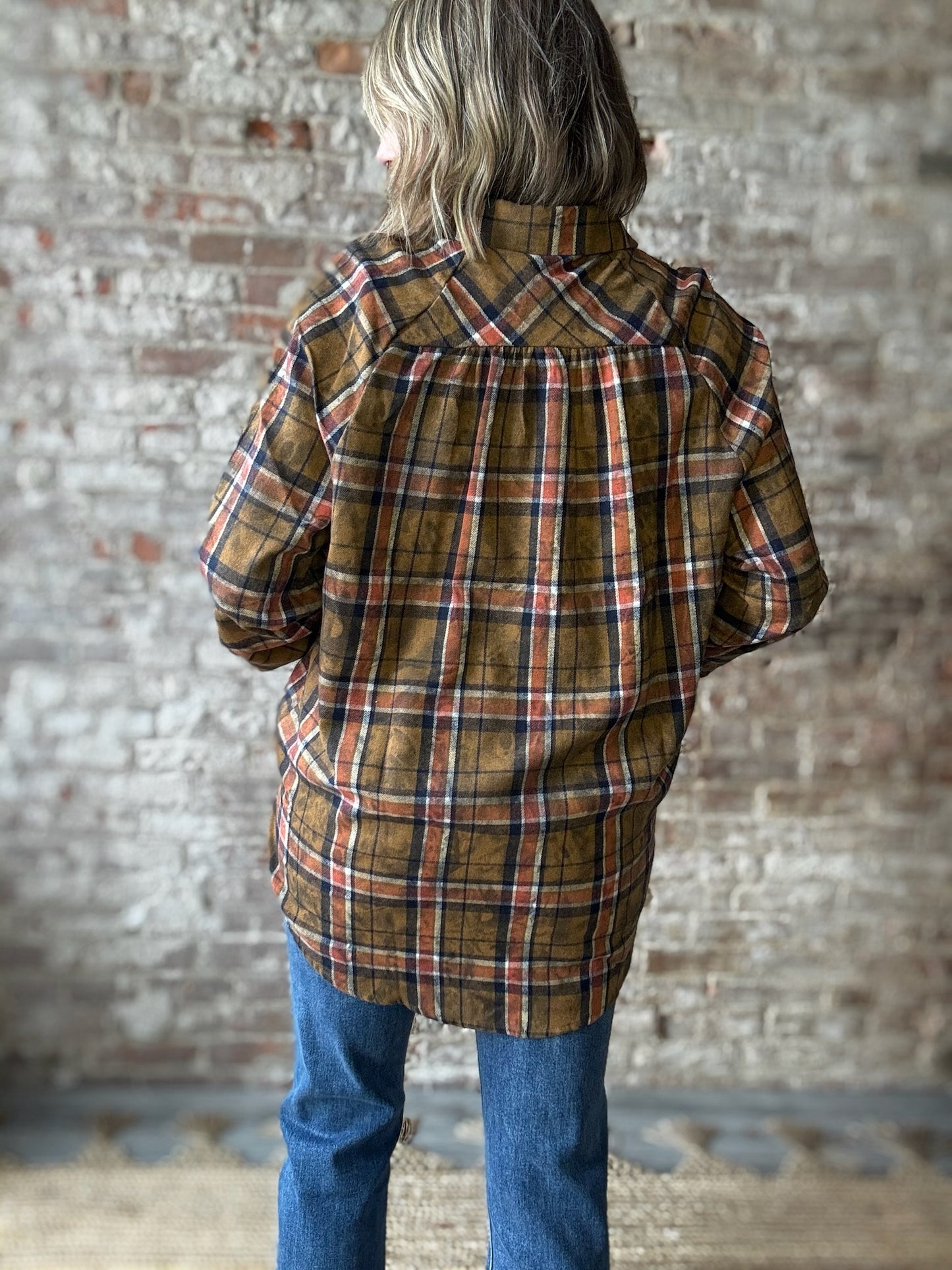 Cozy Fall Plaid Washed Flannel Shirt - Camel