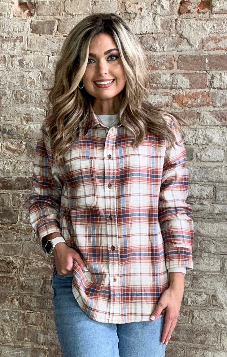 Plaid Flannel Button Down ~ Brick / Blue