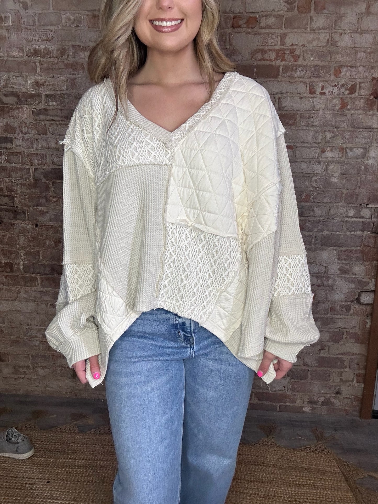 Mixed Textured V-Neck Top